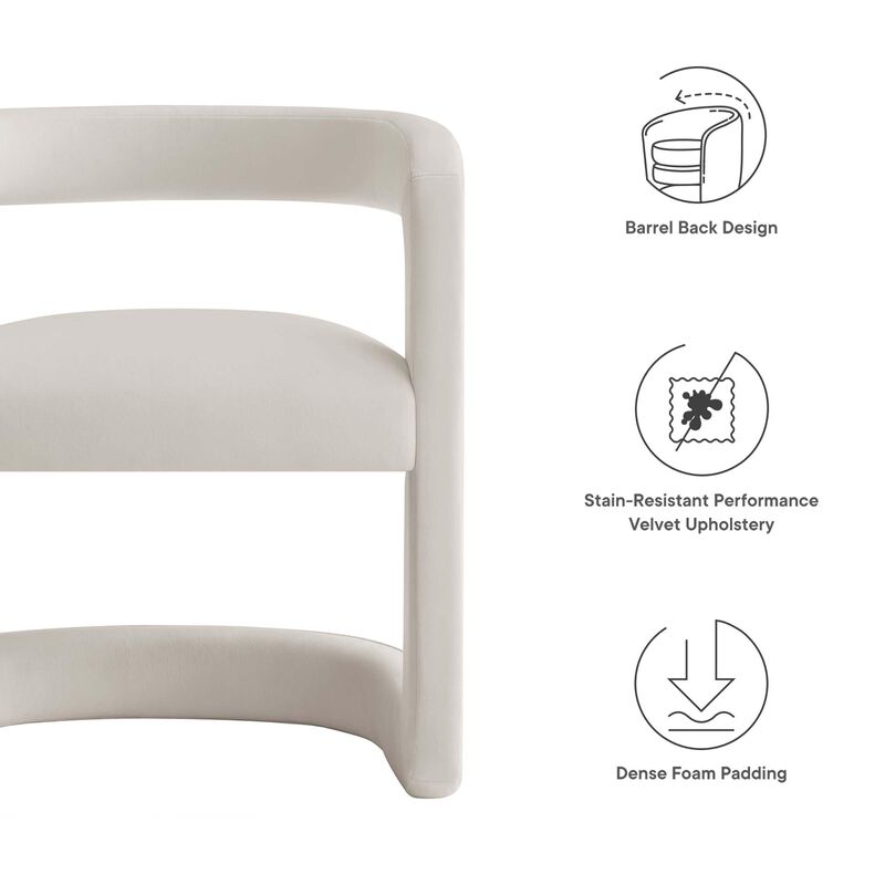 Modway Winslow Stain-Resistant Performance Velvet Dining Chair in Alabaster - Open Back Barrel Armchair - Upholstered Dining Chair - Cozy Reading Chair or Velvet Vanity Chair image number 3