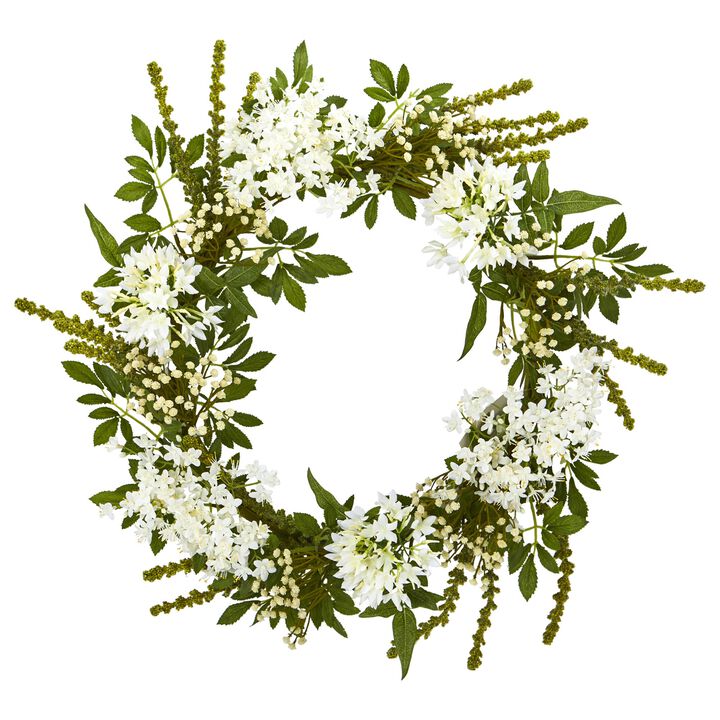 HomPlanti 24" White Mixed Floral Artificial Wreath