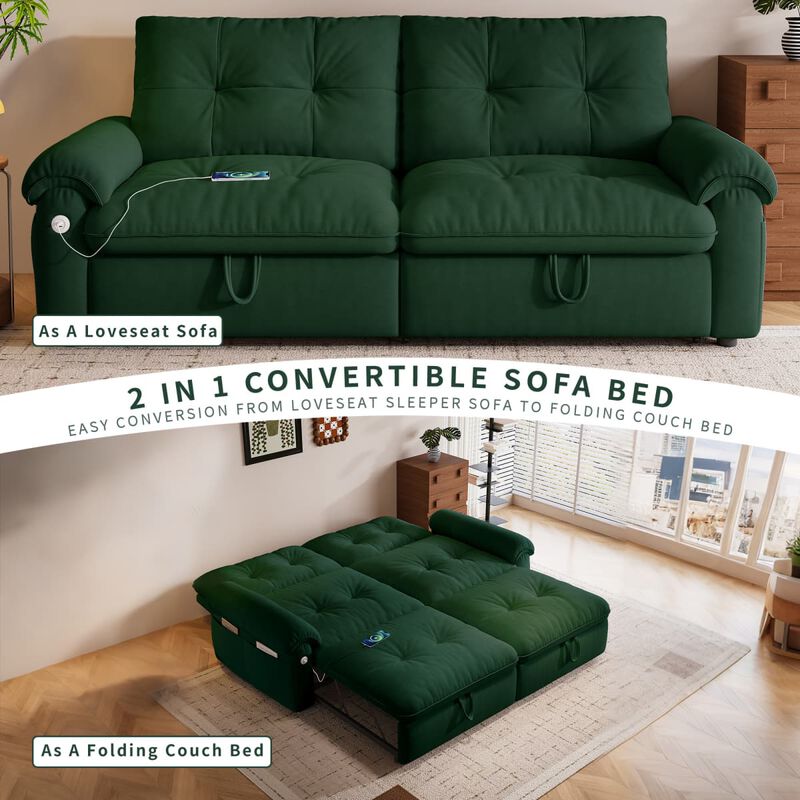 77 inch Convertible sleeper sofa bed, Plush fabric loveseat futon with USB ports and side pockets, sofa bed for small apartments image number 5
