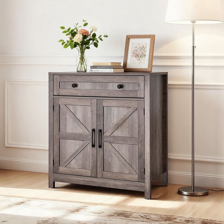 Coffee Bar Cabinet with Drawer and Barn Doors for Kitchen Entryway