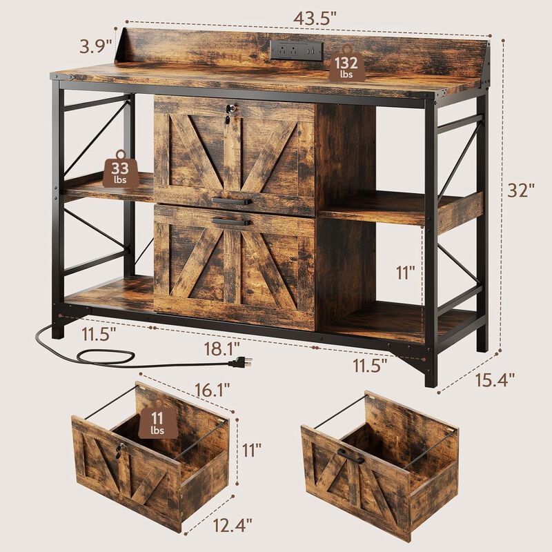 44"W File Cabinet, Lateral Filing Cabinet with 4 Shelves and 2 Drawers, Office Storage Cabinet with Lock & Charging Station, Wooden Printer Stand image number 2