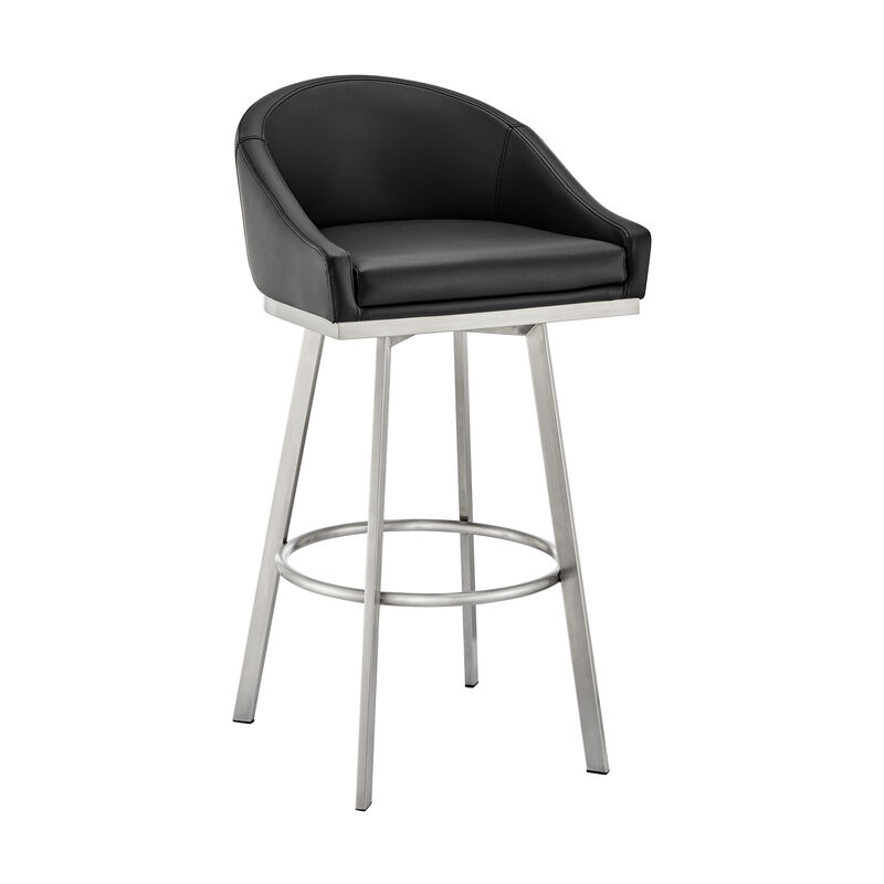 Noran Swivel Stool in Brushed Stainless Steel with Black Faux Leather
