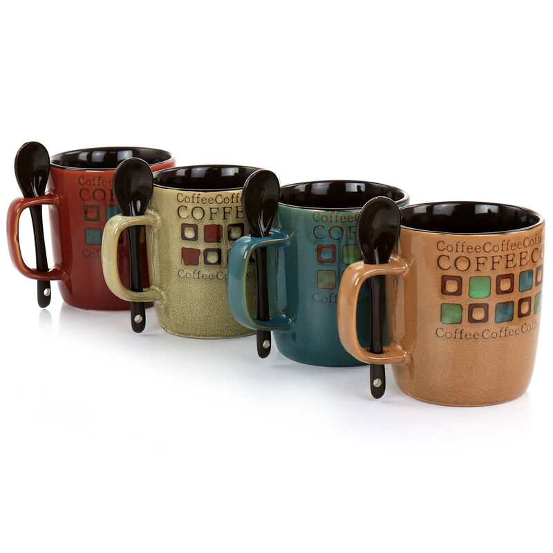 Mr. Coffee Cafe Americano 8 Piece 13oz Ceramic Cup and Spoon Set in Assorted Colors