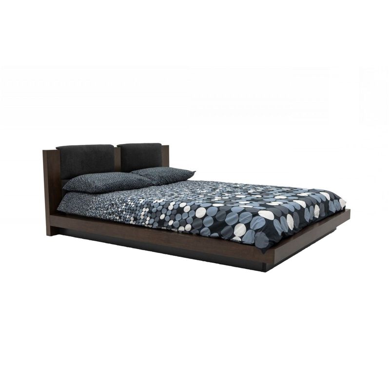 Noe Col King Bed, Dark Gray Pillow Upholstered Headboard, Low Profile Brown - Benzara