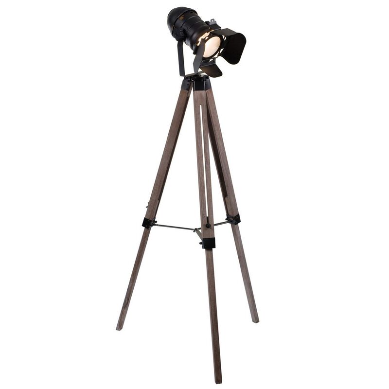 55 Inch Floor Lamp with Tripod Style Wood Frame, Spotlight, Brown and Black - Benzara image number 0