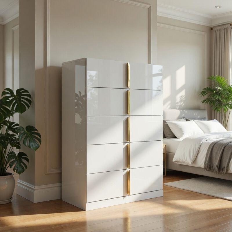 Orion Tall Dresser Chest with 5 Drawers, Gold Handles, Glossy White Wood image number 8