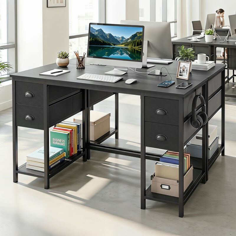 Home Office Computer Desk with Charging Station & 4 Fabric Drawers, Study Work Desk image number 1