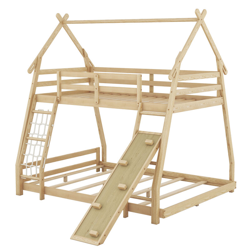 Whisen Twin over Queen House Bunk Bed with Climbing Nets and Climbing Ramp