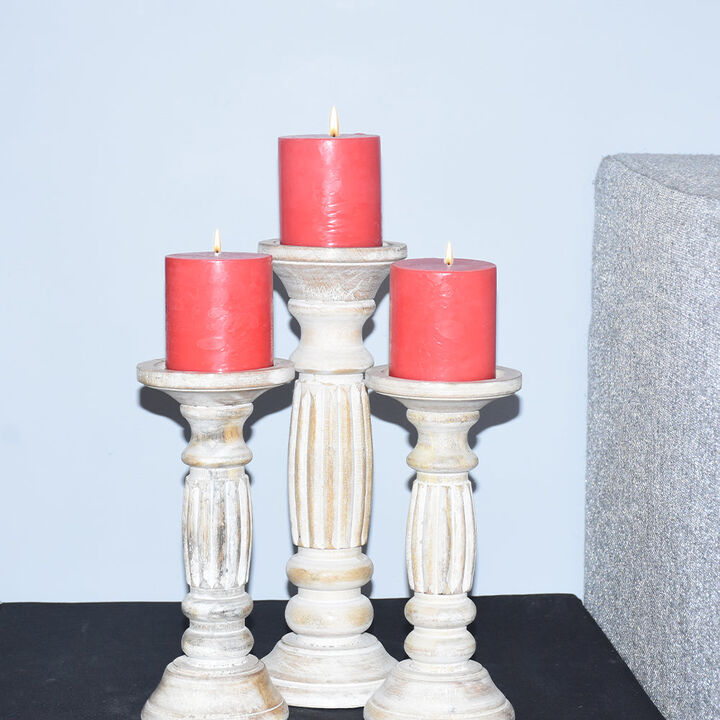 Traditional Antique White Eco-friendly Handmade Mango Wood Set Of Three 9",12" & 9" Pillar Candle Holder