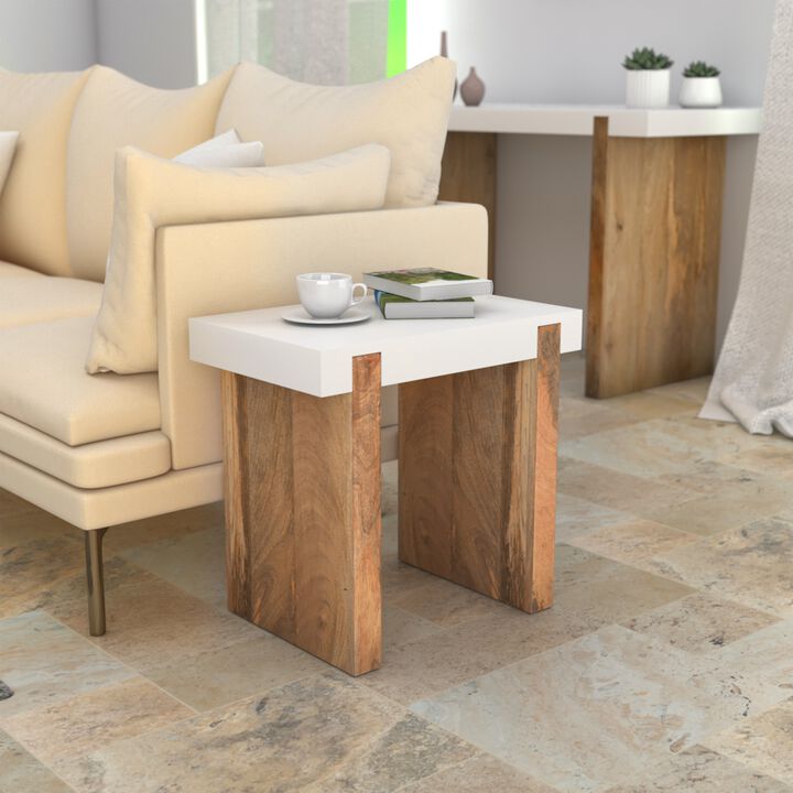 Kerry 20 Inch Rectangular End Side Table, Mango Wood, Sled Base, Glossy White, Natural Brown-Benzara