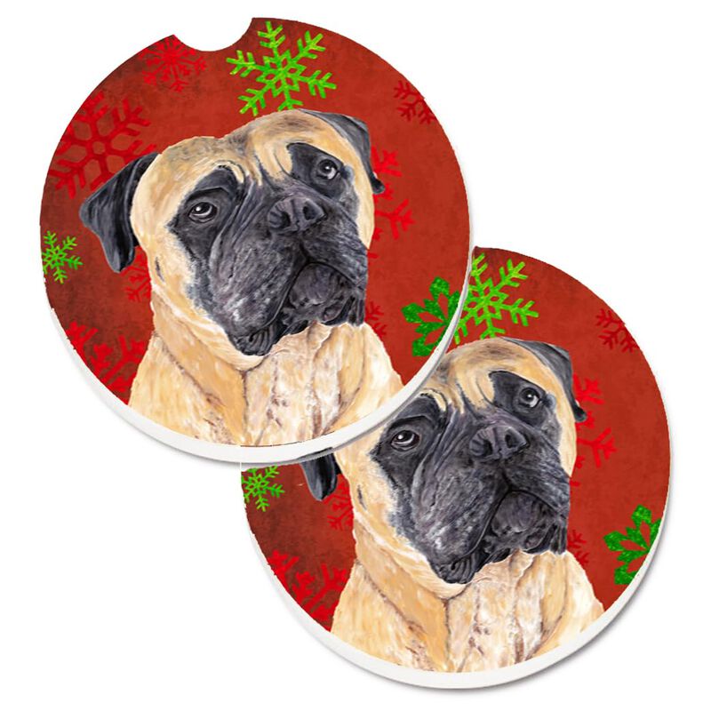 Caroline's Treasures Mastiff Red & green Snowflakes Holiday Christmas Set of 2 Cup Holder Car Coasters SC9425CARC, 2.56, Multicolor image number 0