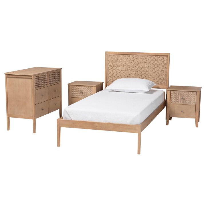 Baxton Studio Lara Twin 4-Piece Bedroom Set - Modern Wood Bed Frame with Matching Nightstands and Dresser, Decorative Laser-Cut Overlay