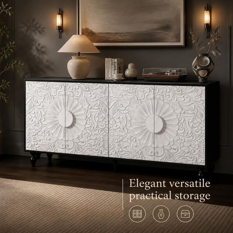 Carved Symmetrical Design Door TV Stand Table image number 4