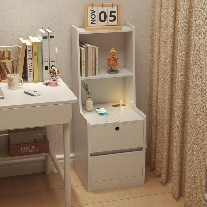 Nightstand with Charging Station Night Light Bookshelf Storage Cabinet