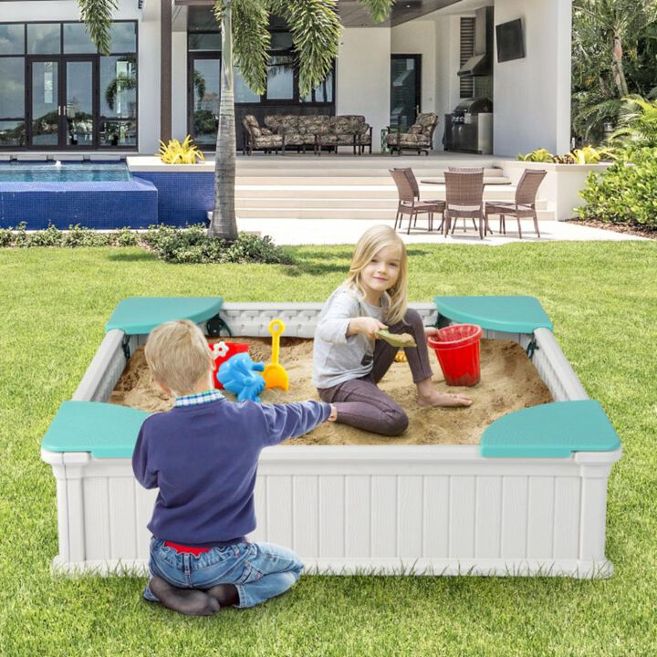 Hivvago Kids Outdoor Sandbox with Oxford Cover and 4 Corner Seats