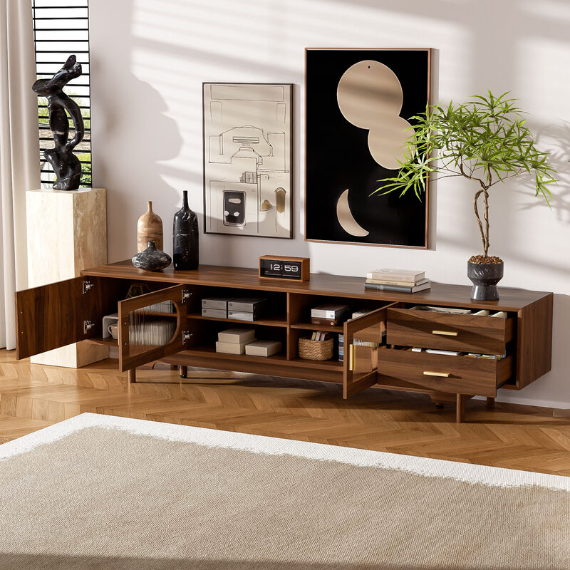 Merax Entertainment Center with Fluted Glass Display, 2 Smooth Drawers, Cable Management image number 2