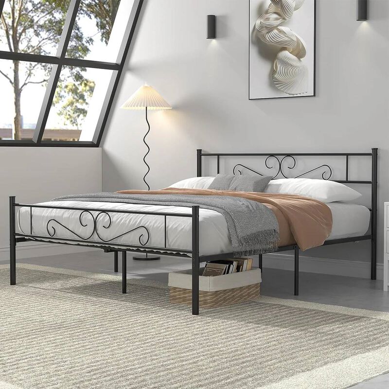 Classic Metal Platform Bed with Integrated Headboard and Footboard