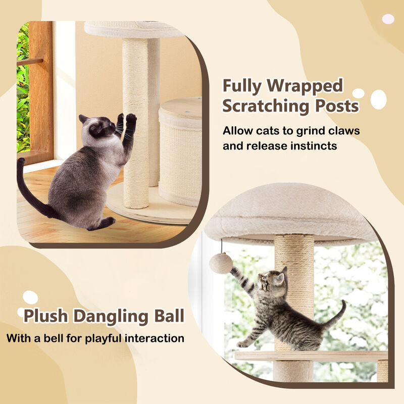 Kitten Cat Tree Wooden Tower with Sisal Scratching Posts and 2 Condos-Natural image number 4