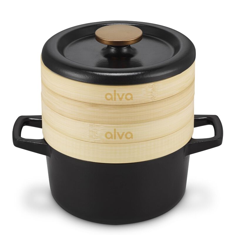 Alva Nori Enameled Cast Iron Steamer Set Dutch Oven 2.4Qt. - Oven Safe and Made without PFAS, PFOA & PTFE - Induction and All Stovetop Compatible with Even Heat Distribution image number 0