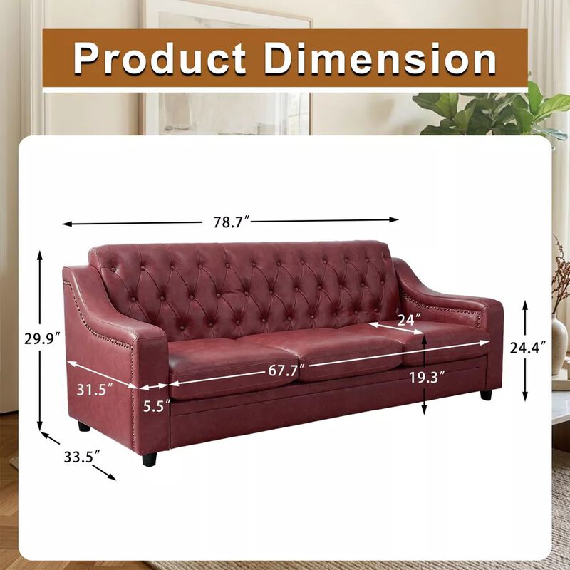 Vipbear 78.7" Chesterfield Faux Leather Sofa, 3 Seater Brown PU Couch Nailhead Trim for Living Room image number 1