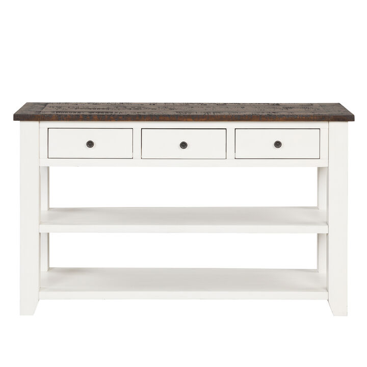 48" Solid Pine Wood Top Console Table, Modern Entryway Sofa Side Table with 3 Storage Drawers and 2 Shelves. Easy to Assemble (Antique White+ Brown Top)