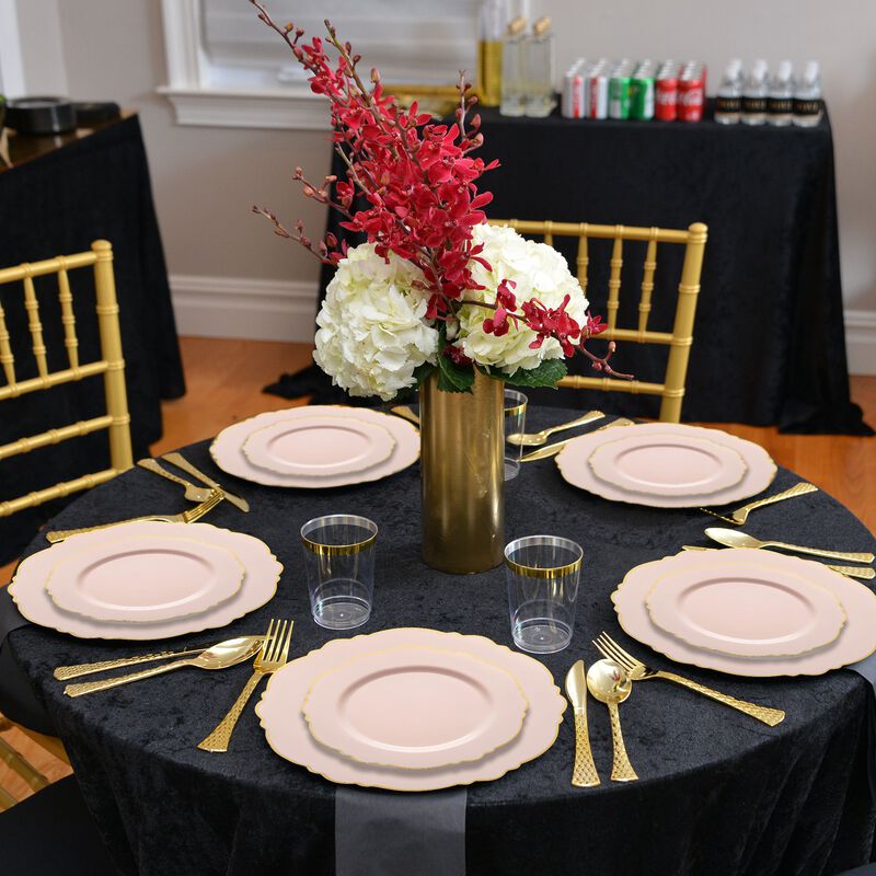 10.25" Pink with Gold Rim Round Blossom Plastic Dinner Plates (120 Plates) image number 1