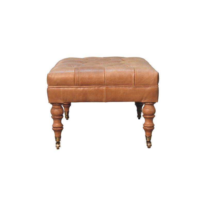 Artisan Furniture  Solid Wood Buffalo Tan Leather Ottoman with Castor Legs