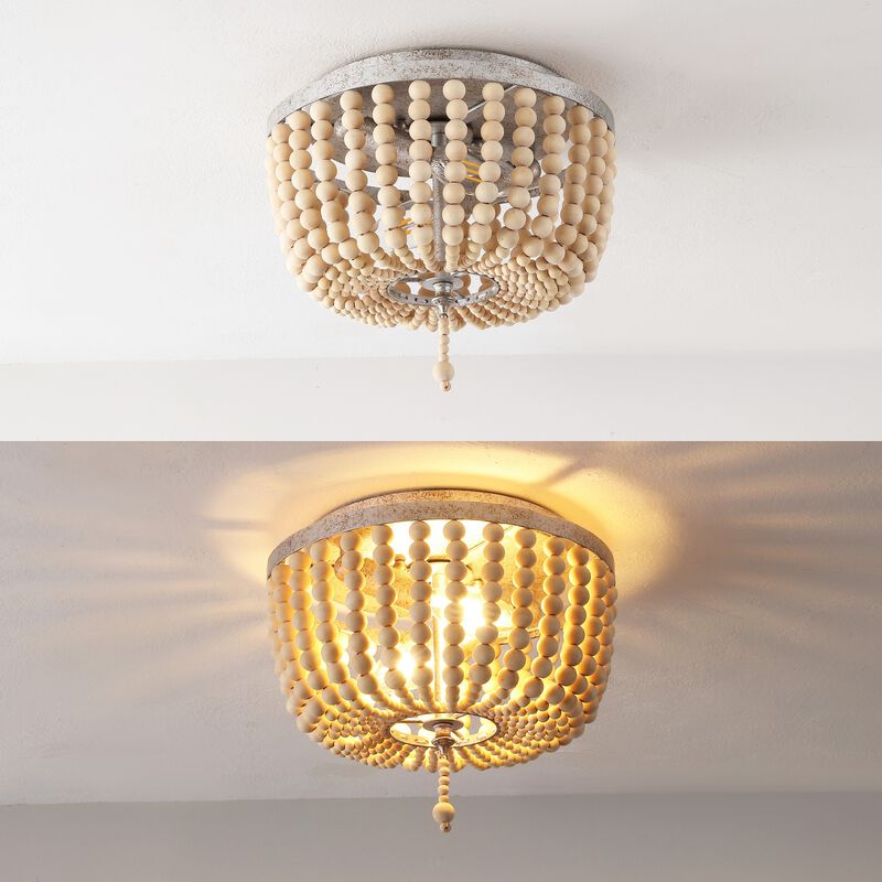 Allison 2-Light Shabby Chic Farmhouse Wood Beaded/Metal LED Flush Mount