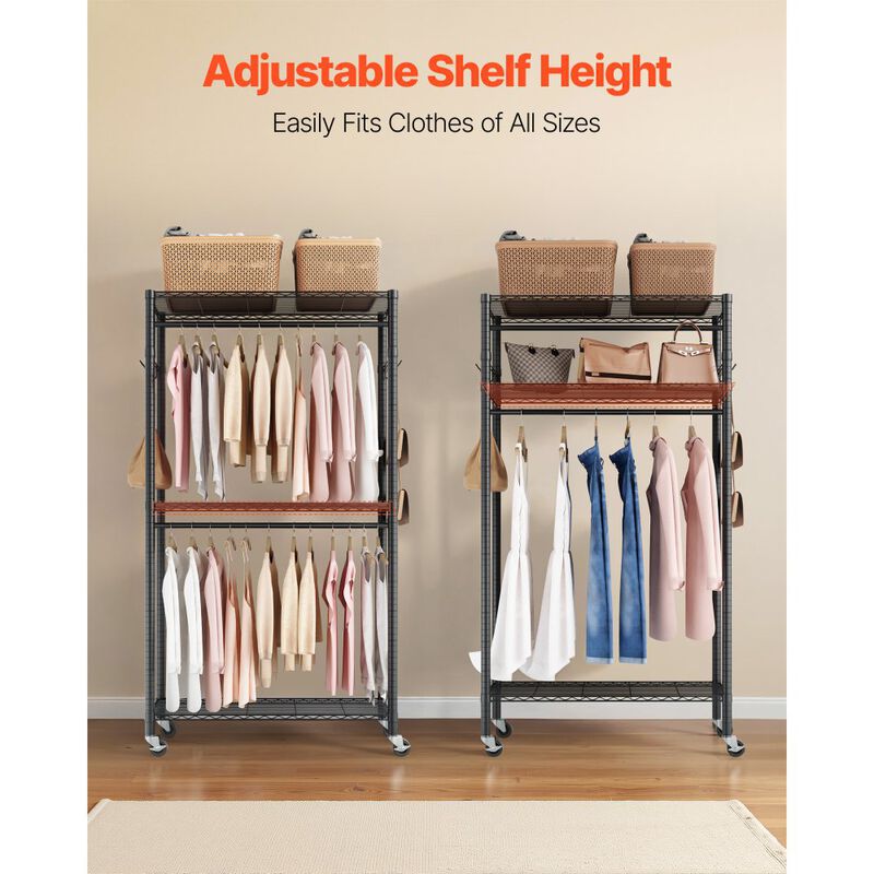 3 Tier Adjustable Rolling Clothing Rack, Heavy Duty Carbon Steel Wardrobe for Bedroom & Hallway-Black image number 5