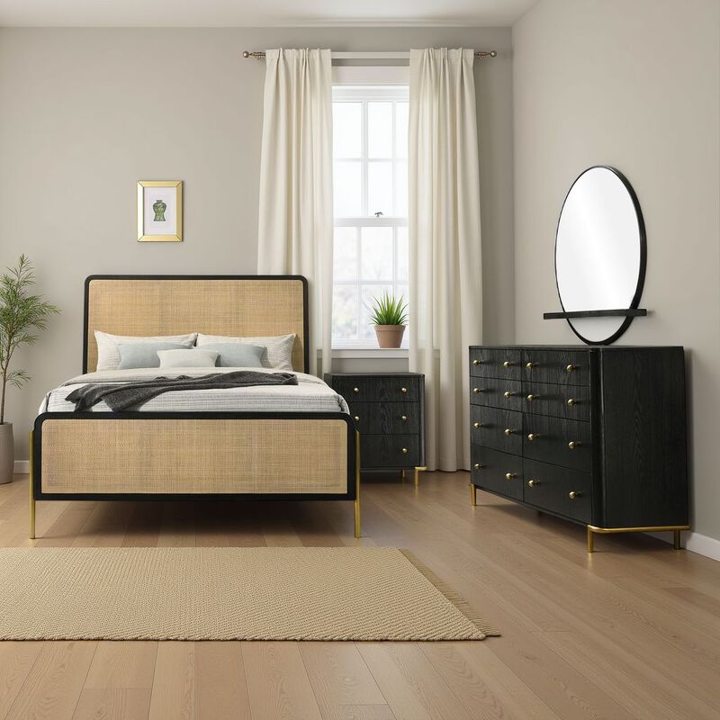 Fij 4pc Queen Bedroom Set w Round Mirror, Natural Brown Rattan, Black