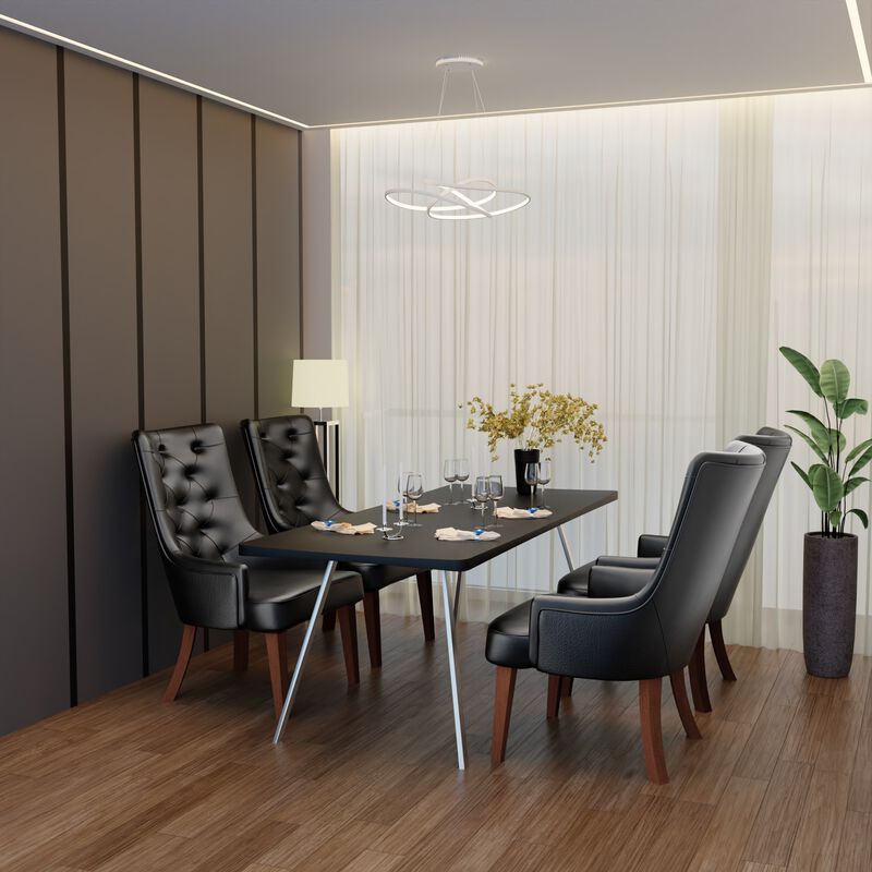 LeisureMod Dining Chair Upholstered in Leather Velvet with Diamond-Tufted High Back and Stained Rubberwood Legs for Modern Home and Kitchen Spruce Collection Set of 4