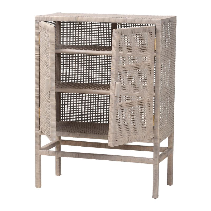 bali & pari Vivan Natural Rattan Storage Cabinet - 3-Tier Handwoven Wicker Accent Cabinet with Double Doors and Elevated Base, French Grey image number 1
