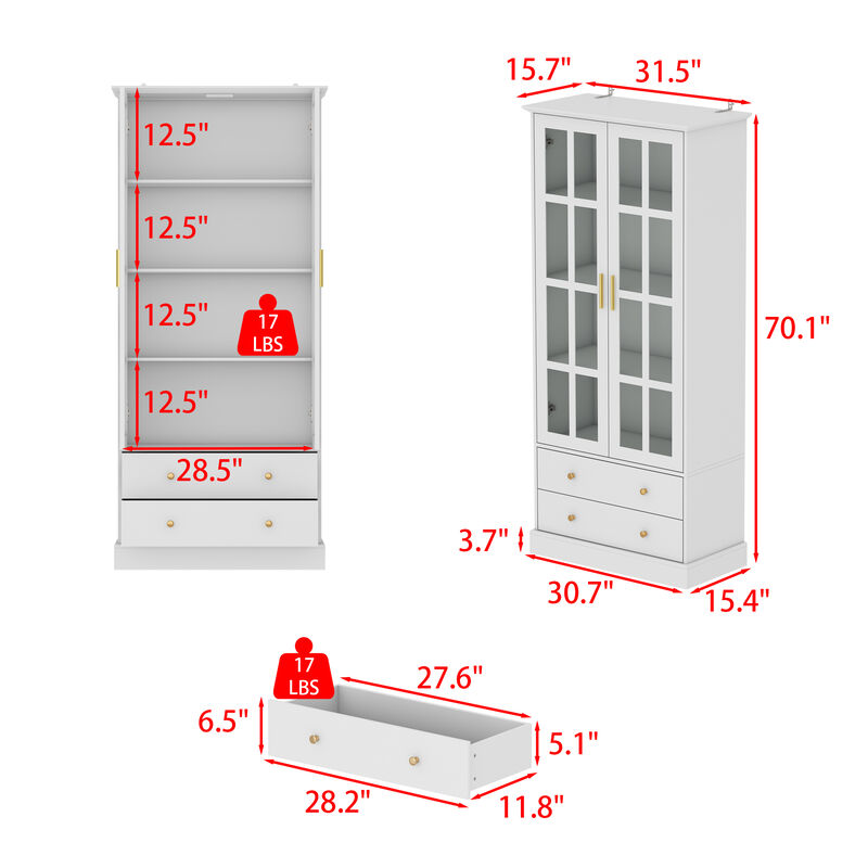 FUFU&GAGA Modern Bookcase with Glass Doors, 3 Fixed Shelves, and Spacious Drawers, Elegant Storage Cabinet for Living Room, Office, and Bedroom (70.1"H x 31.5"W x 15.4"D)