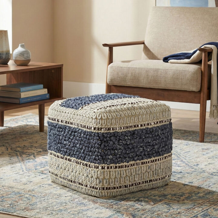 Grady 18 inch Wide Wool and Cotton Square Pouf Ottoman, Natural and Blue Stripe