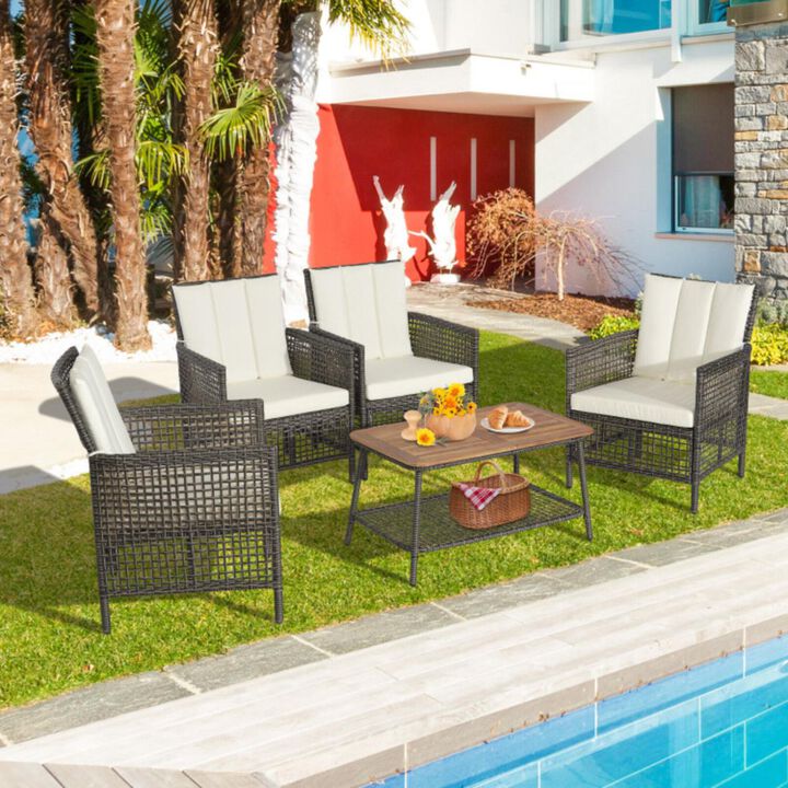 Hivvago 5 Pieces Patio Rattan Furniture Set Cushioned Sofa Armrest Wooden Tabletop