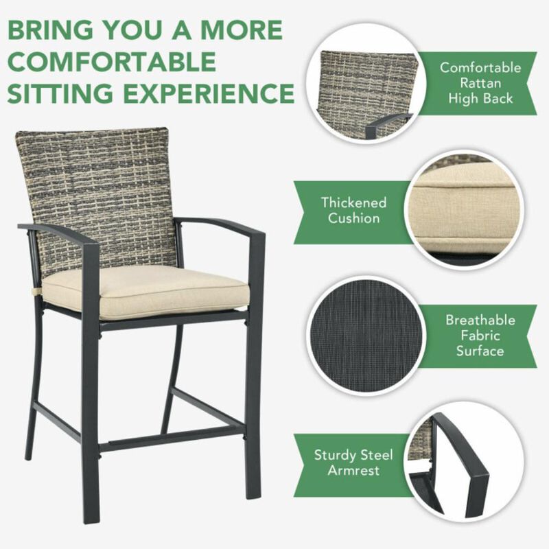 Hivvago 3 Pieces Rattan Bar Furniture Set with Slat Table and 2 Cushioned Stools