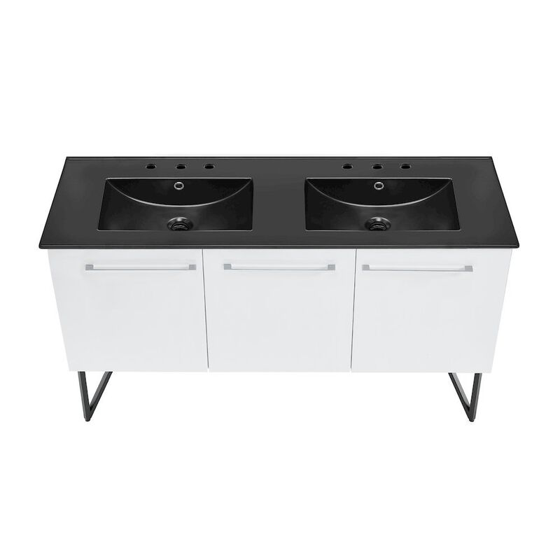 60 in. White, Double Basin Bathroom Vanity, Black, 3-Hole Sink Top image number 7