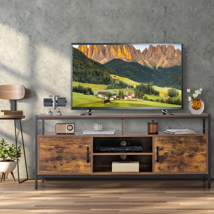58 Inch Industrial TV Stand with Cabinets and Adjustable Shelf for TVs up to 65 Inch-Rustic Brwon