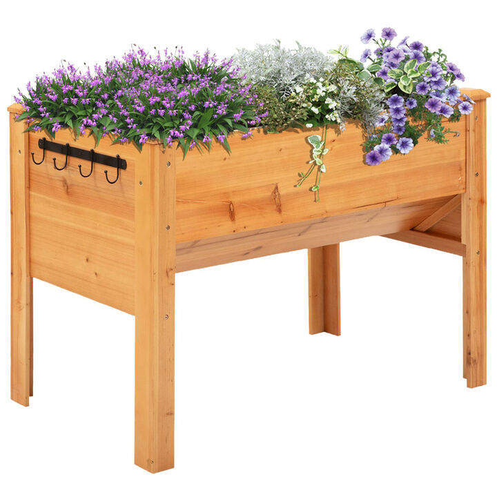 Outsunny 48" Raised Garden Bed with Hooks, 660lb Capacity Wood Elevated Planter Box with Water Draining and Liner, Funnel Design for Backyard Patio to Grow Vegetables, Herbs, Flowers, Natural