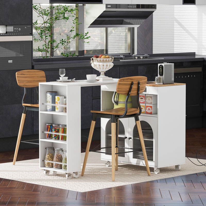 Rolling Kitchen Island With Extended Table, Kitchen island on Wheels with LED Lights,Power Outlets and 2 Fluted Glass Doors, Kitchen Island with a Storage Compartment and Side 3 Open Shelves