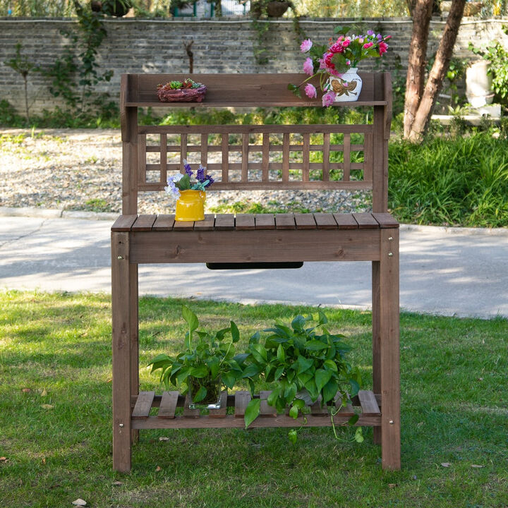 Wooden Garden Station: Potting Bench with Sliding Tabletop and Storage
