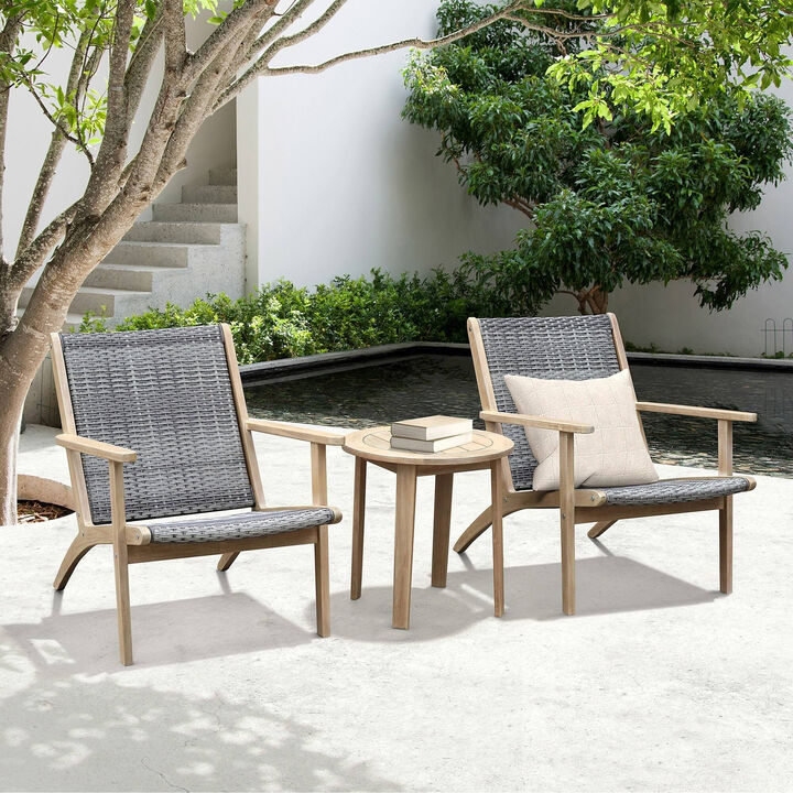 3 Piece Outdoor Set 2 Chairs and End Table, Gray Woven Wicker, Brown Acacia - Benzara