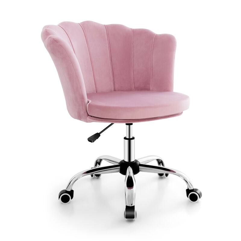 Adjustable Vanity Velvet Chair with Seashell Back and Wheels-Pink