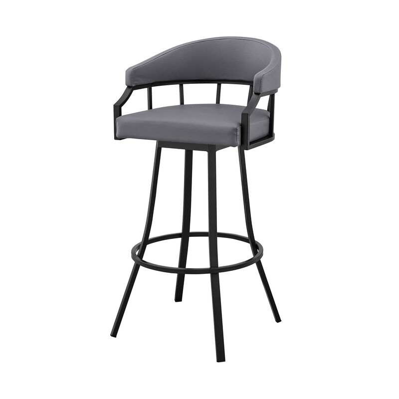 Hivvago 30 Inch Slate Gray And Black Faux Leather And Iron Swivel Low Back Bar Height Bar Chair