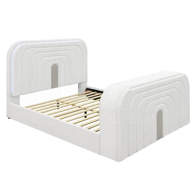 Kery King LED Bed w TV Cabinet, Fireplace, White Teddy Sherpa Upholstery image number 5