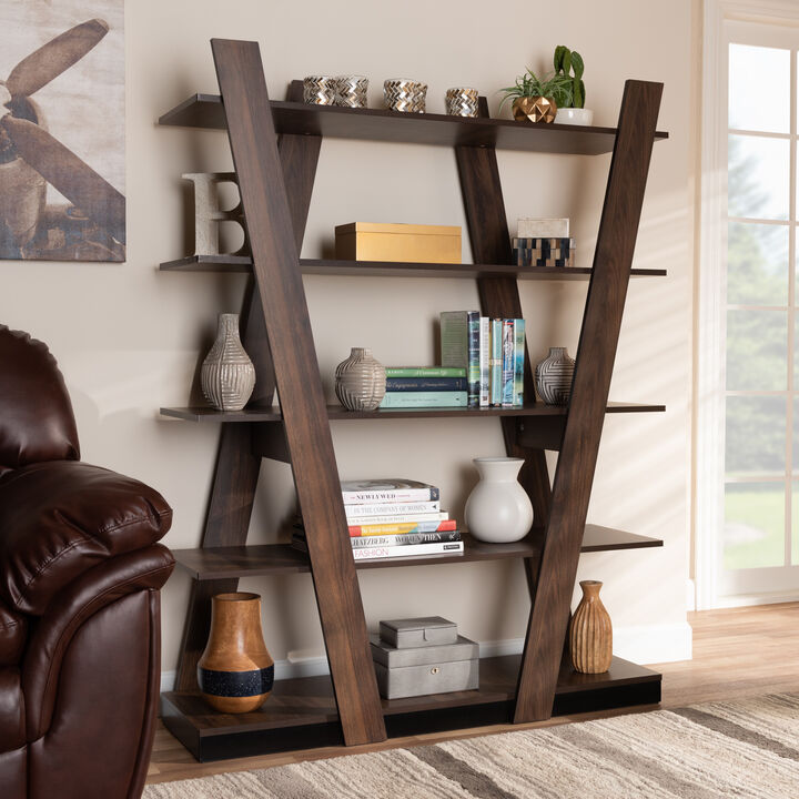 Baxton Studio Michio Modern Walnut Brown Finished 5 Tier Geometric Living Room Display Shelf