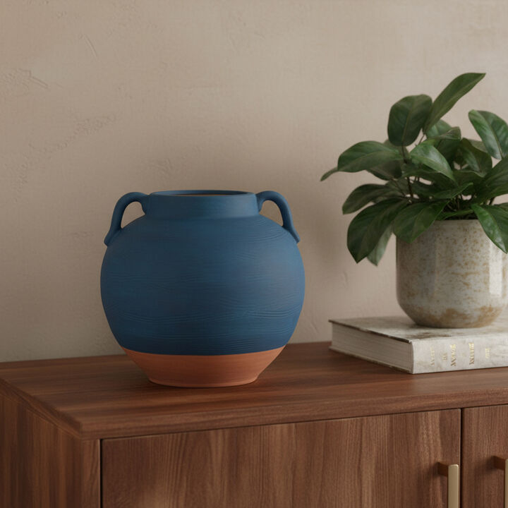 HomeRoots 7" Blue And Terra Cotta Ceramic Round Urn
