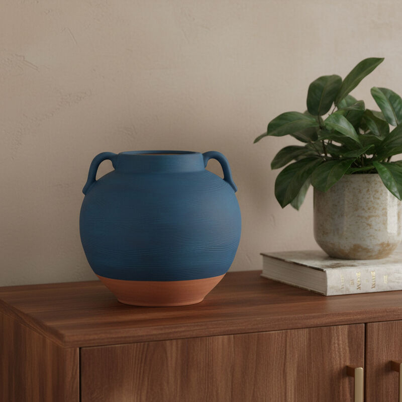 HomeRoots 7" Blue And Terra Cotta Ceramic Round Urn image number 1