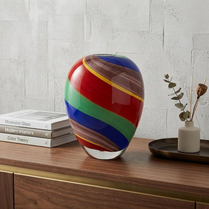 HomeRoots 9" Red Blue and Green Striped Murano Style Art Glass Table Vase