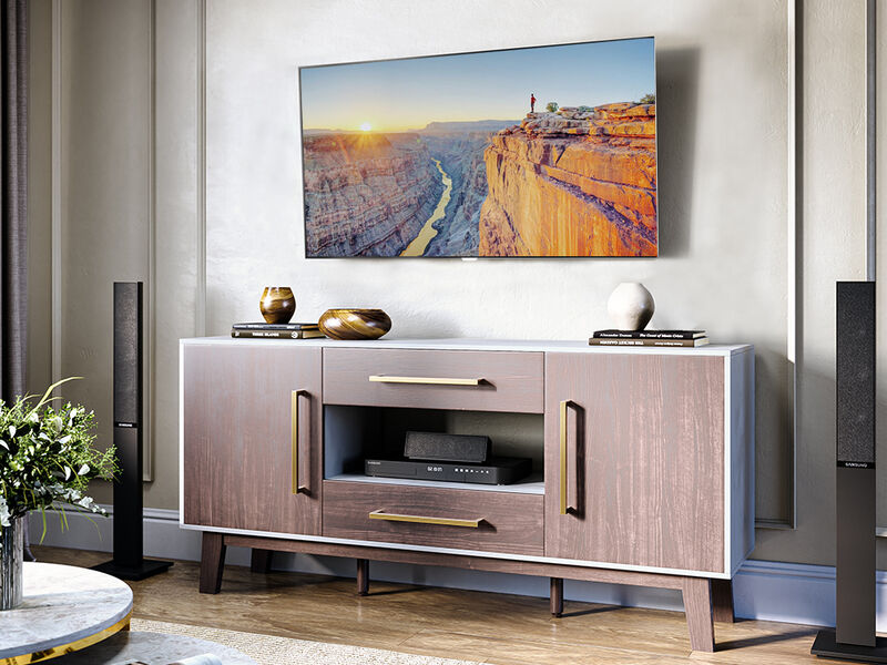 BELLEZE Mid-Century Modern Side Table with Two Drawers and Enclosed Cabinets, Sideboard Buffet Table for Kitchen, Living Room, or Hallway - Tristan (Dark Walnut)